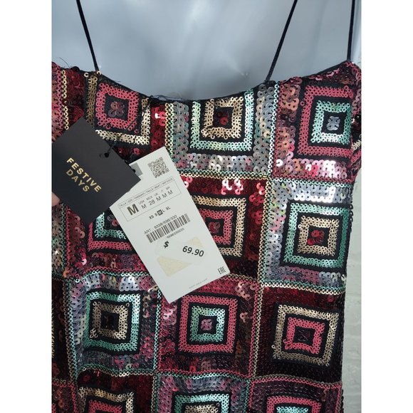 ZARA NYE SEQUIN BOHO SQUARE PATHWORK MINI DRESS - Picture 13 of 16